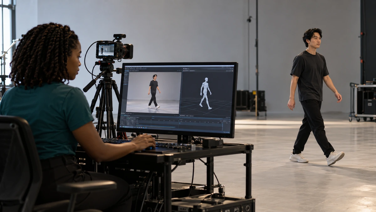 Une technicienne observe une marche filmée et sa représentation animée sur un écran.