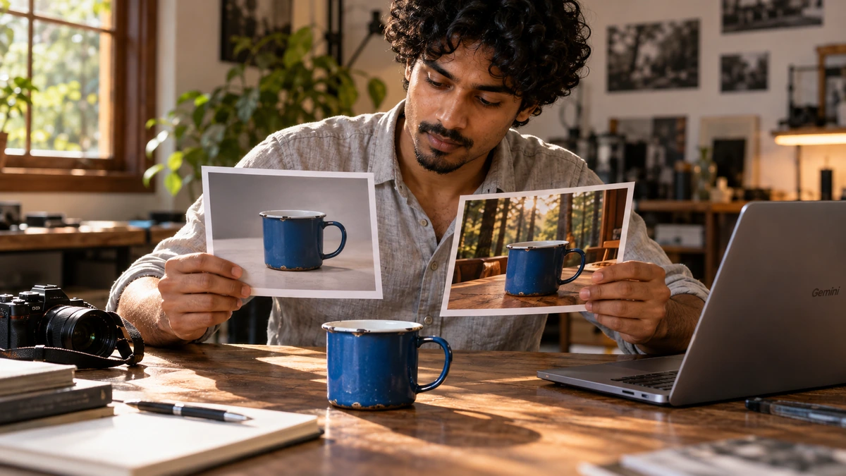 Un créateur compare une tasse avec plusieurs images de référence.