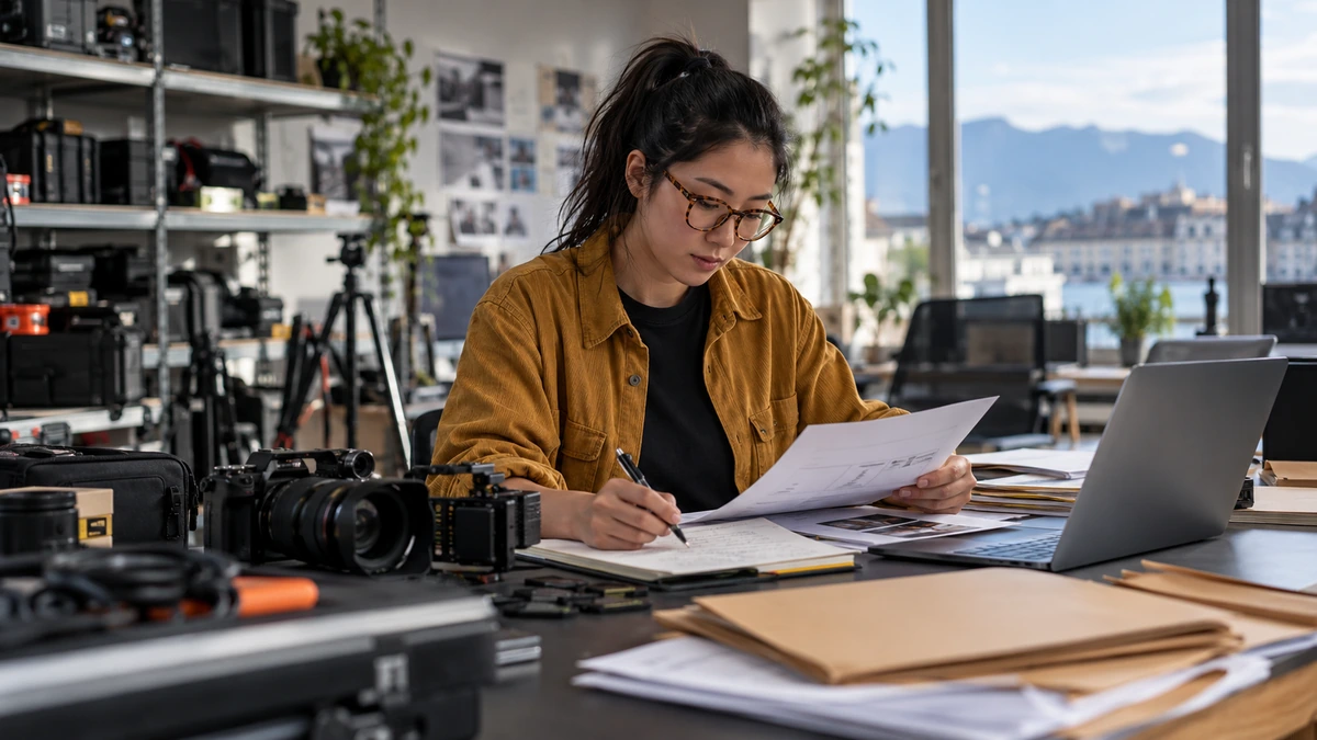 Une personne examine un document près d’un ordinateur et d’une fenêtre.