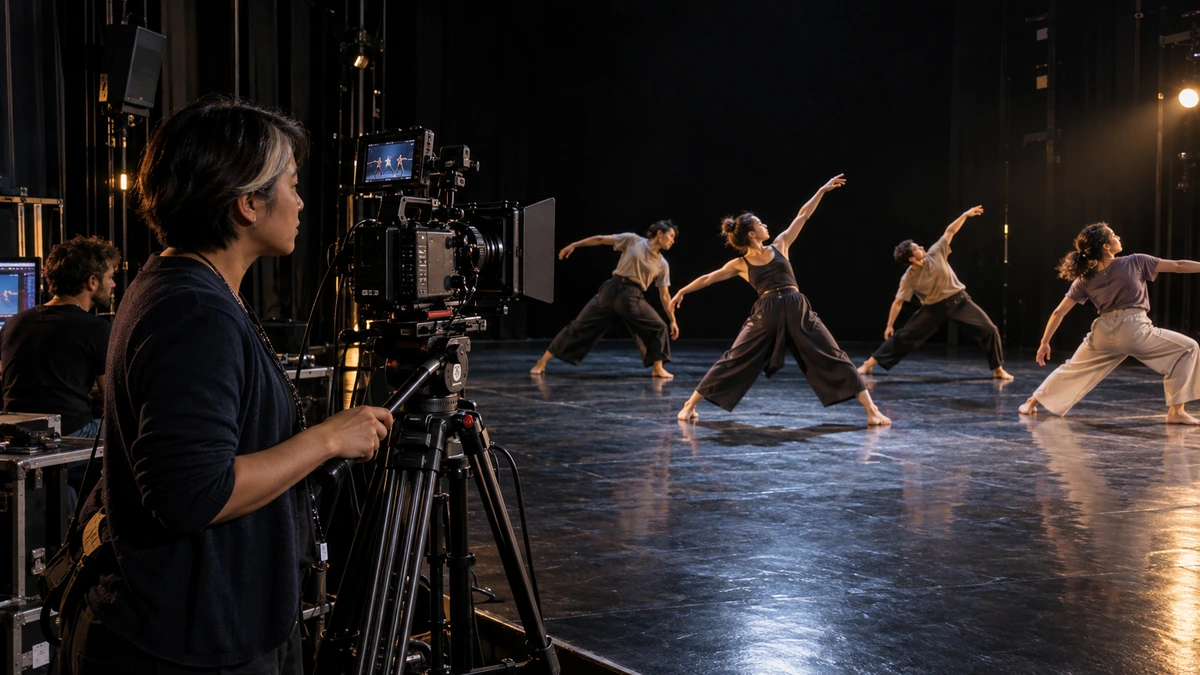 Une cadreuse observe les mouvements d’un groupe de danseurs sur un plateau éclairé.