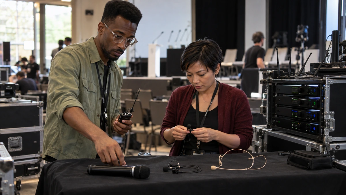 Deux techniciens examinent plusieurs microphones sur une table de préparation.
