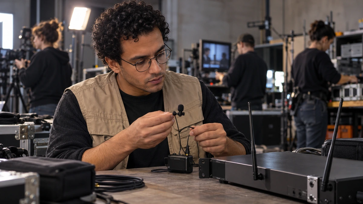 Un technicien prépare un microphone cravate et son émetteur.