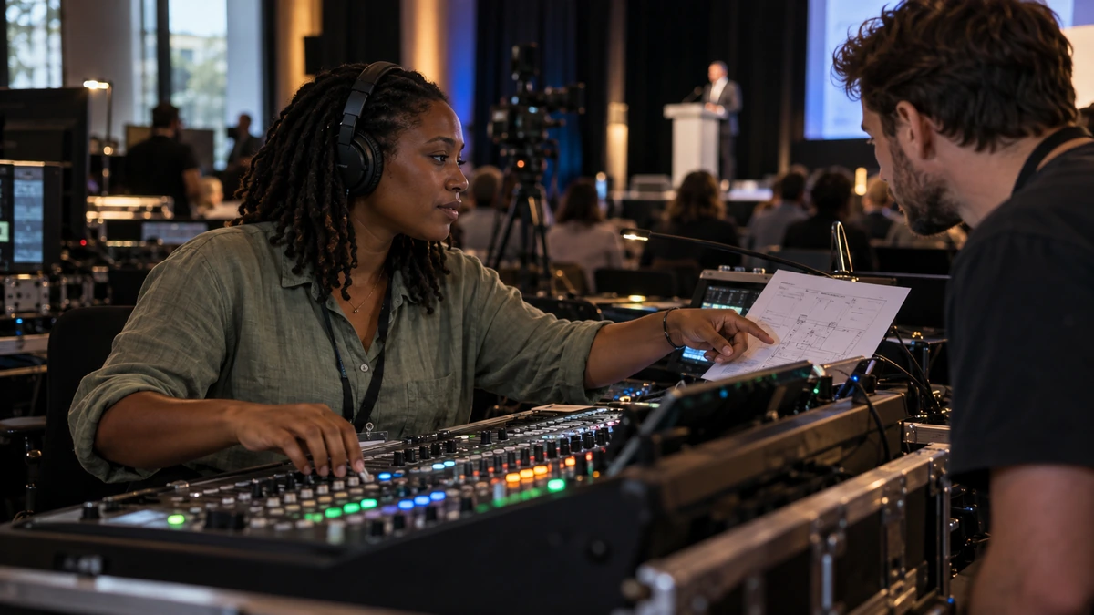 Une technicienne contrôle le mix et sa destination pendant la répétition.