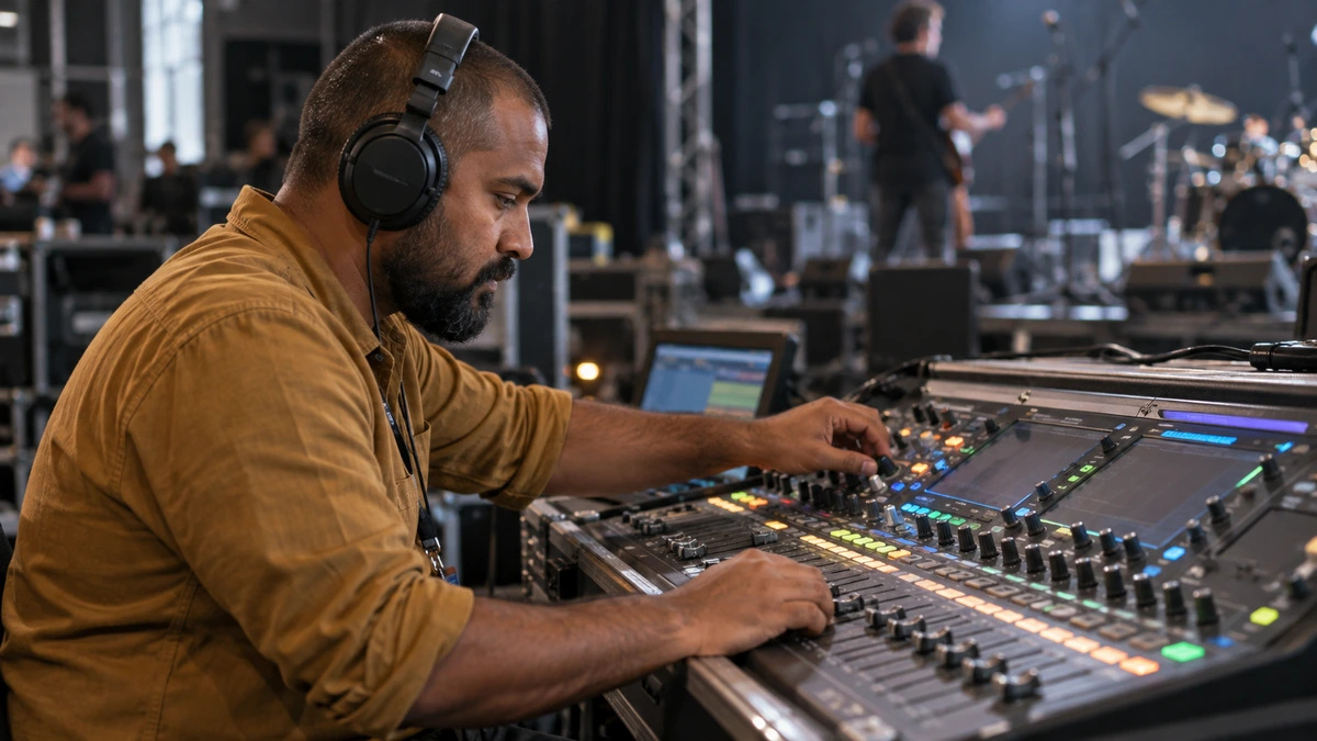 Un ingénieur du son au casque examine les voies d’une console.