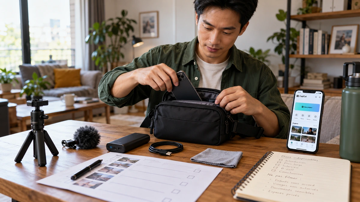 Un créateur prépare son téléphone, ses accessoires et une liste de plans.