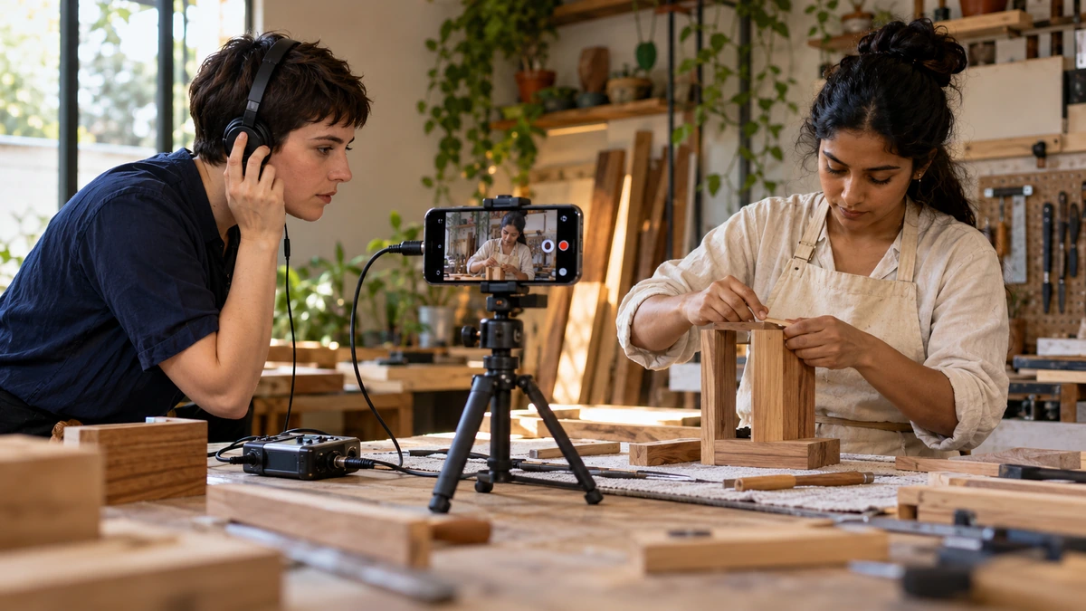 Une petite équipe filme une démonstration de fabrication sur une table.