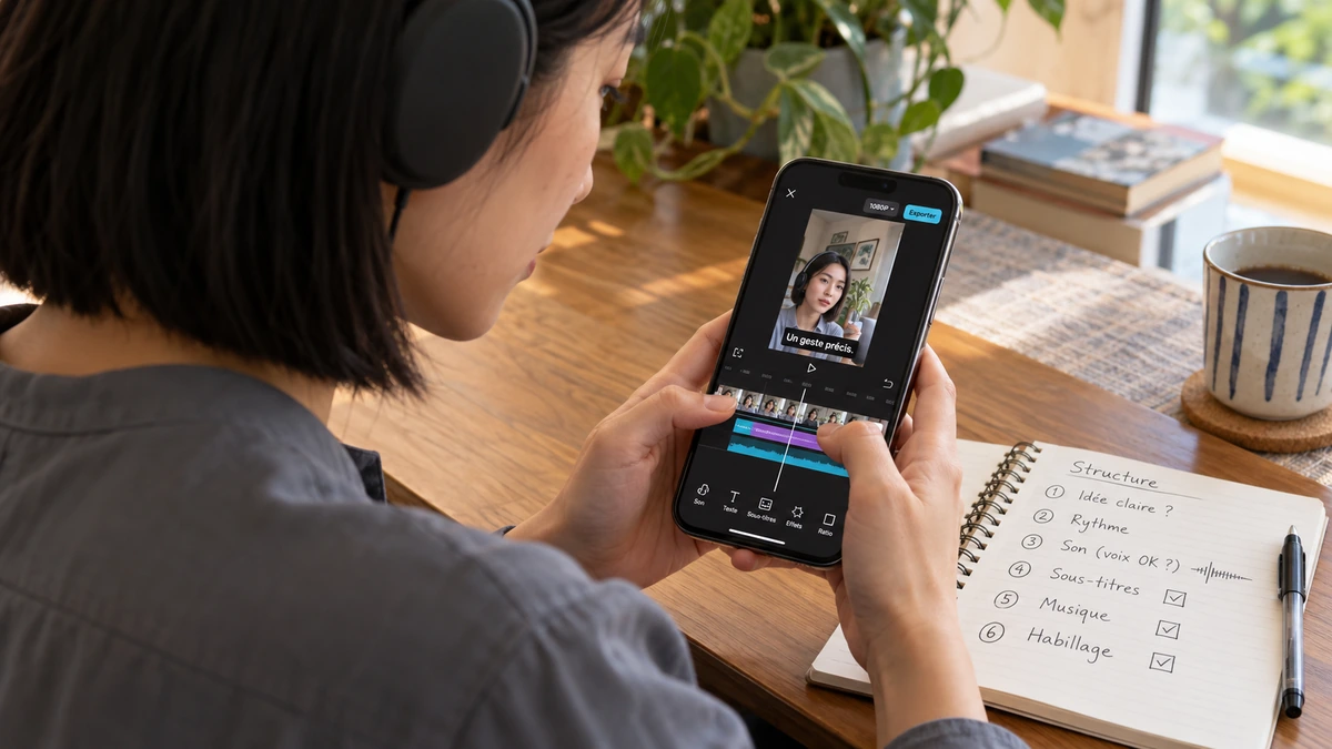 Une créatrice vérifie le texte et les images de sa vidéo sur téléphone.