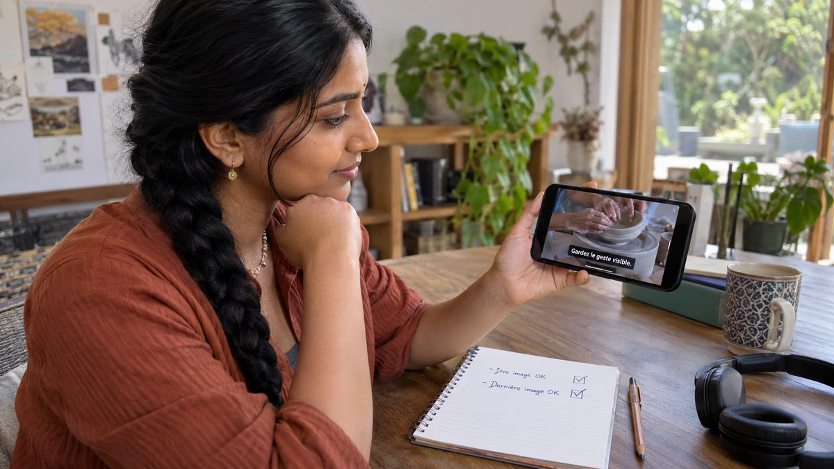 Une créatrice regarde un fichier vidéo sur son téléphone en position horizontale.