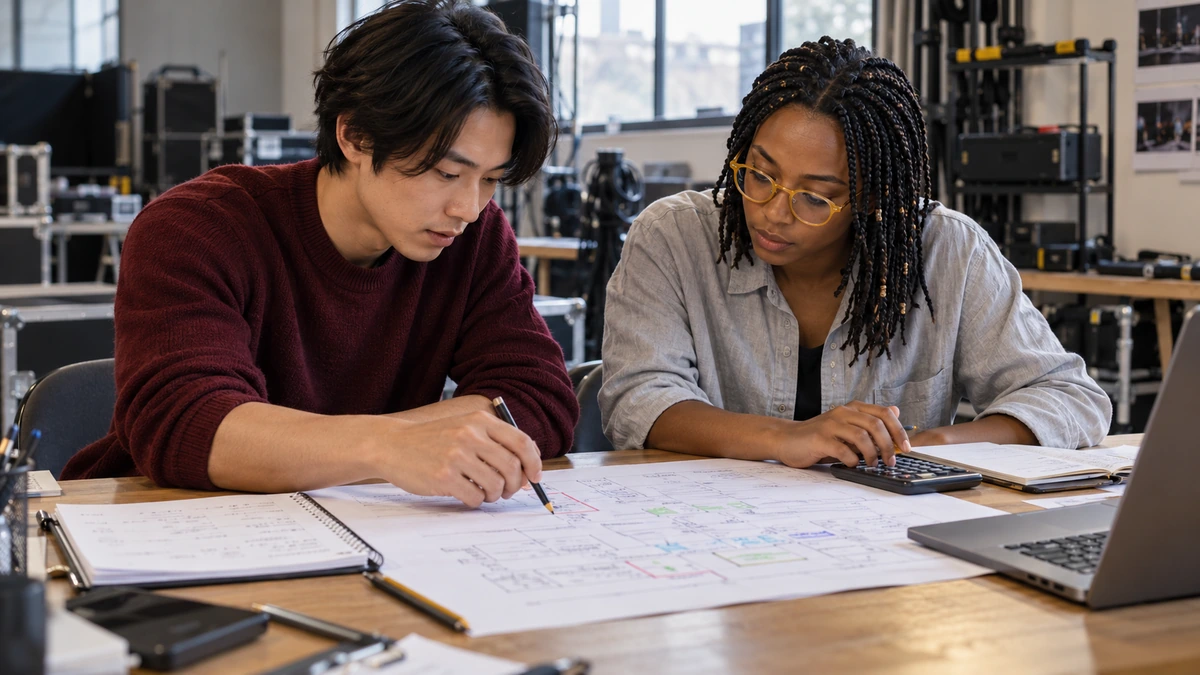Deux créateurs comparent des repères et des états préparés sur leurs feuilles de travail.