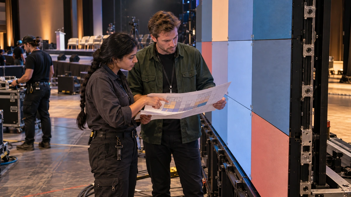 Deux techniciens confrontent le plan des panneaux au mur installé.
