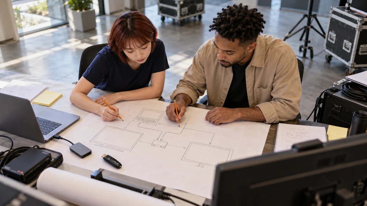 Deux personnes dessinent les liaisons d’un dispositif audiovisuel sur un plan.