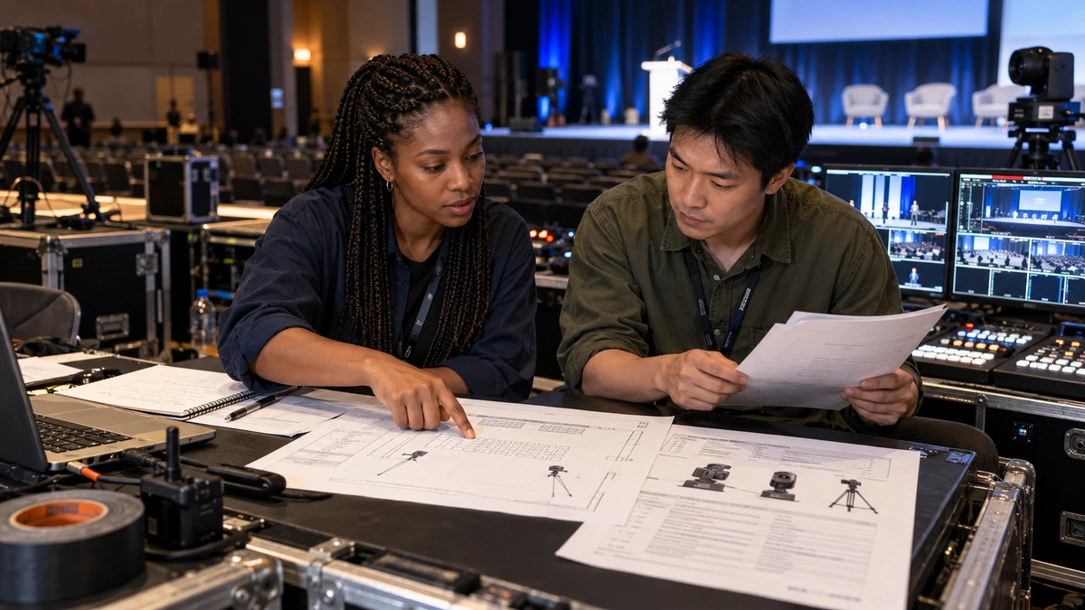 Deux professionnels examinent les plans et les documents d’une captation.