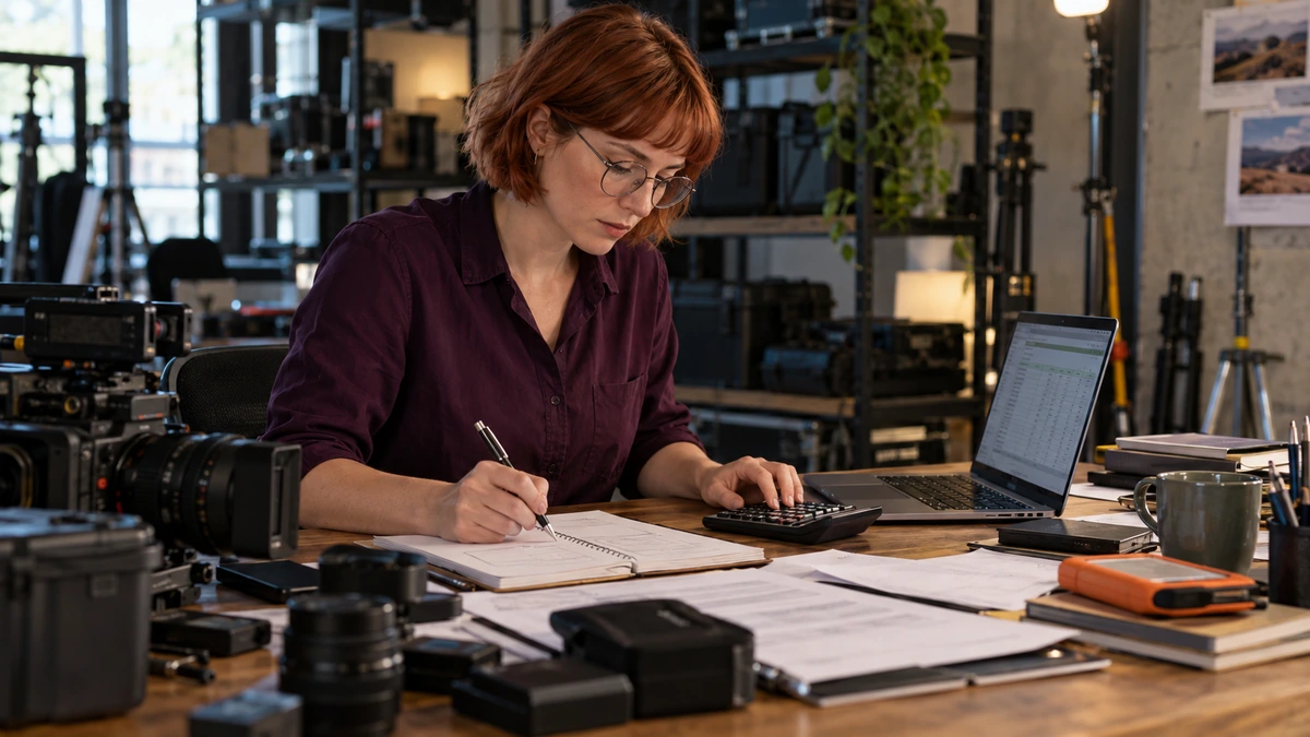 Une professionnelle chiffre une prestation à son bureau entourée de matériel.