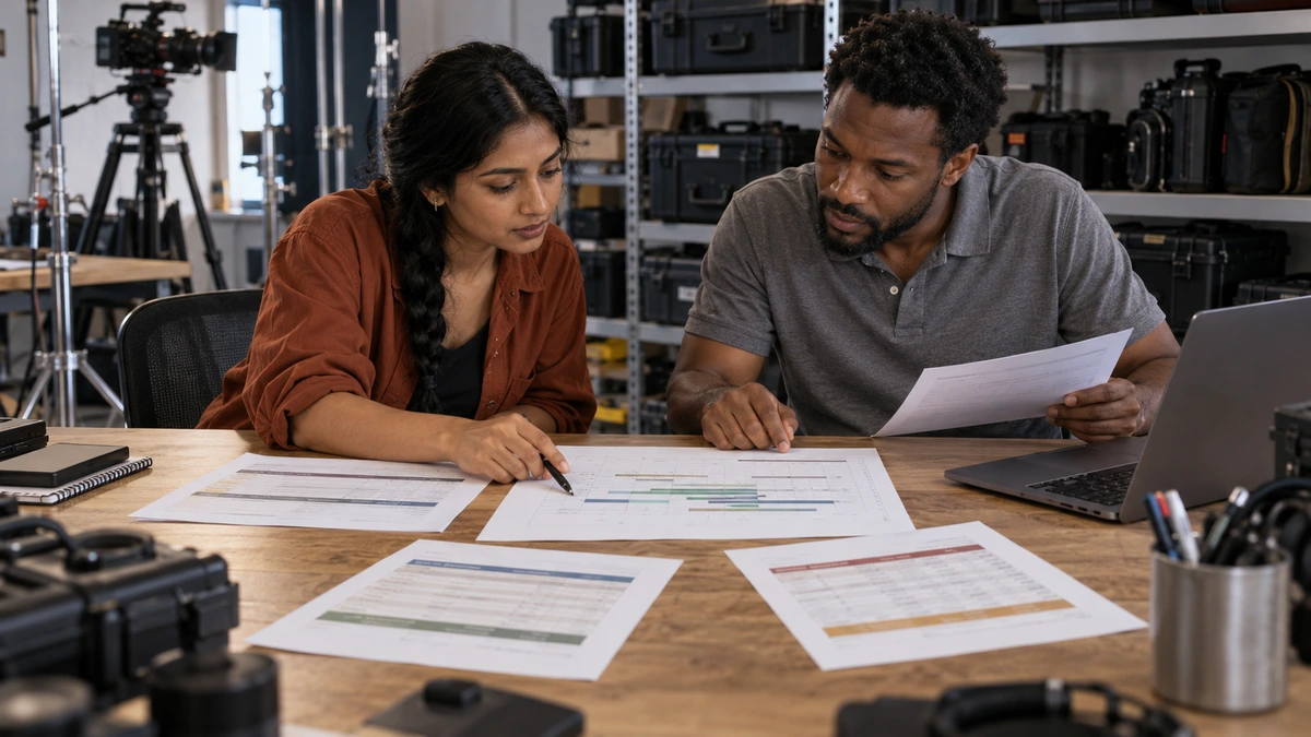 Deux prestataires comparent des documents de production sur une table.