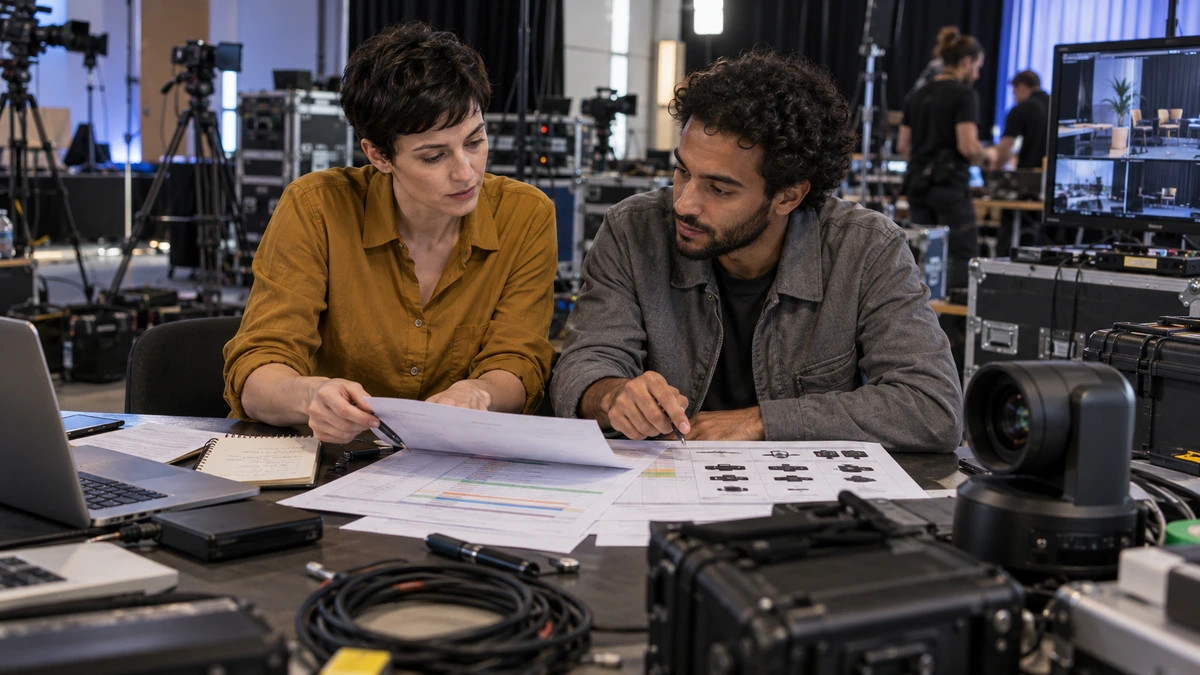 Deux professionnels discutent d’une proposition audiovisuelle au milieu des équipements.
