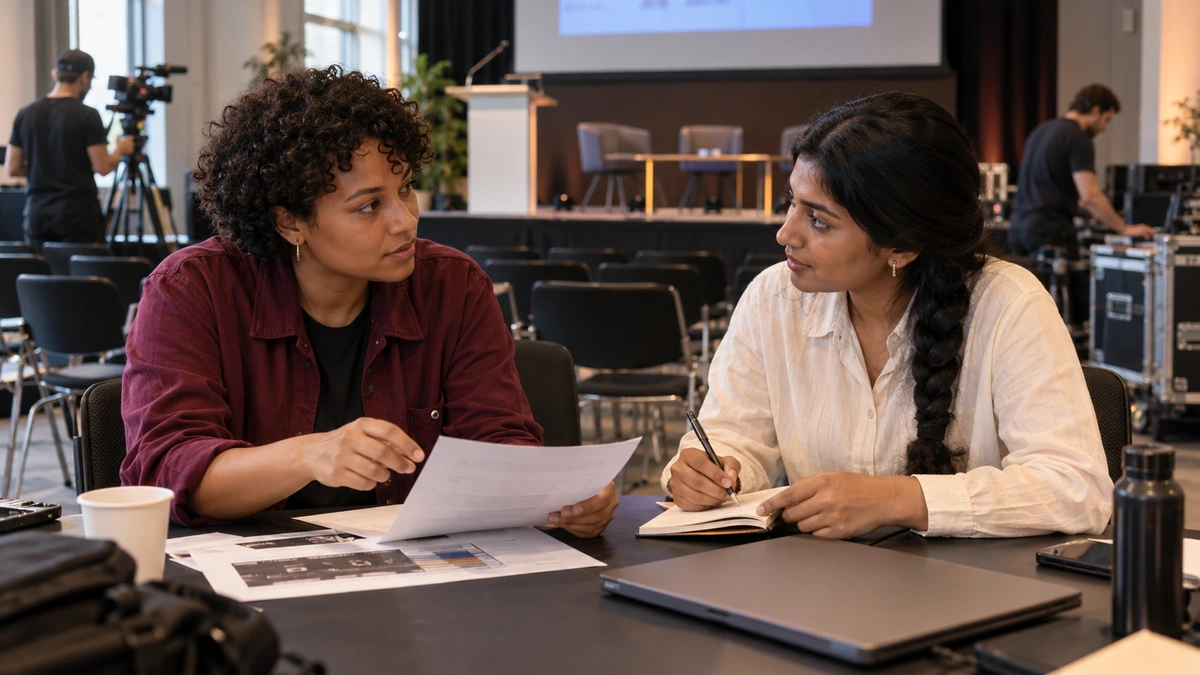 Deux personnes clarifient une proposition et ses besoins à partir d’un document.