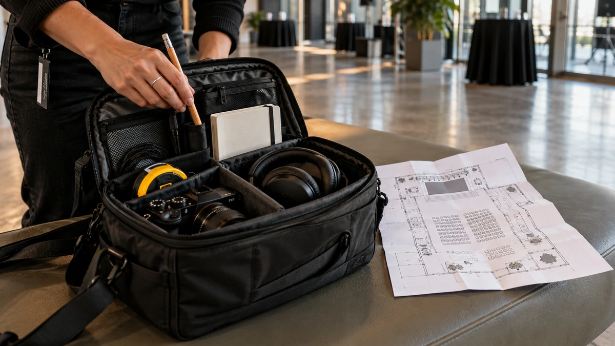 Un sac de matériel et des documents sont disposés pour une préparation de tournage.