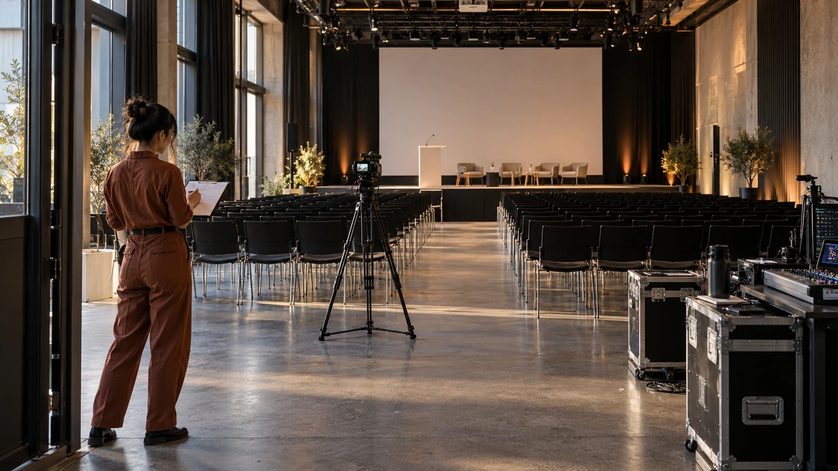 Une personne relève les dimensions d’une salle vide face à une scène.