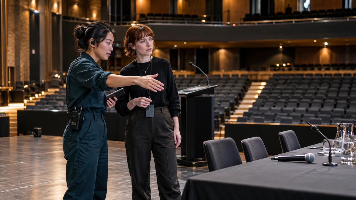Deux personnes repèrent les places et la scène dans une salle de conférence vide.