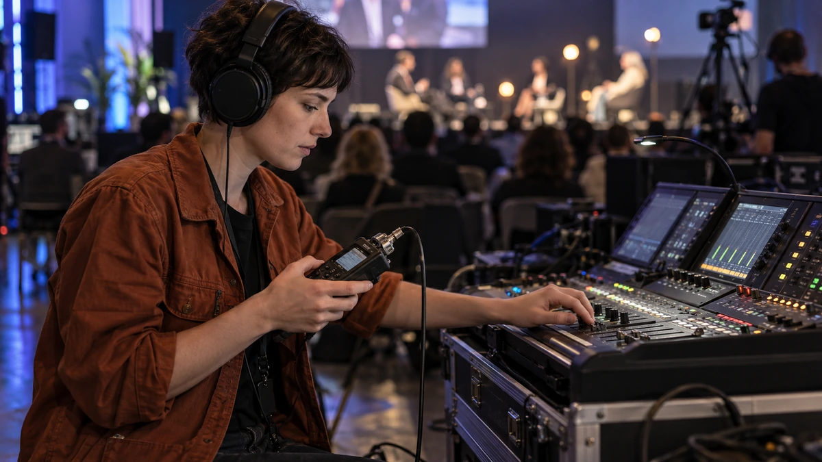Une personne écoute et règle la console pendant une répétition de conférence.