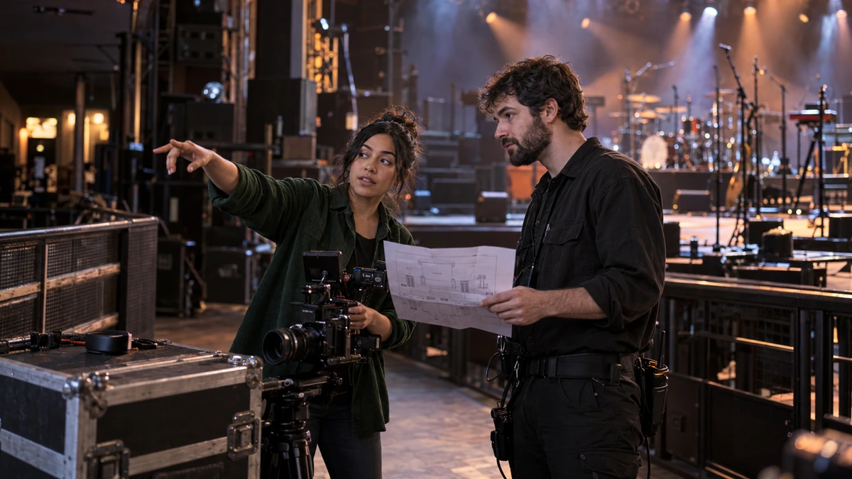 Deux personnes préparent la couverture d’un concert avec une fiche et du matériel caméra.