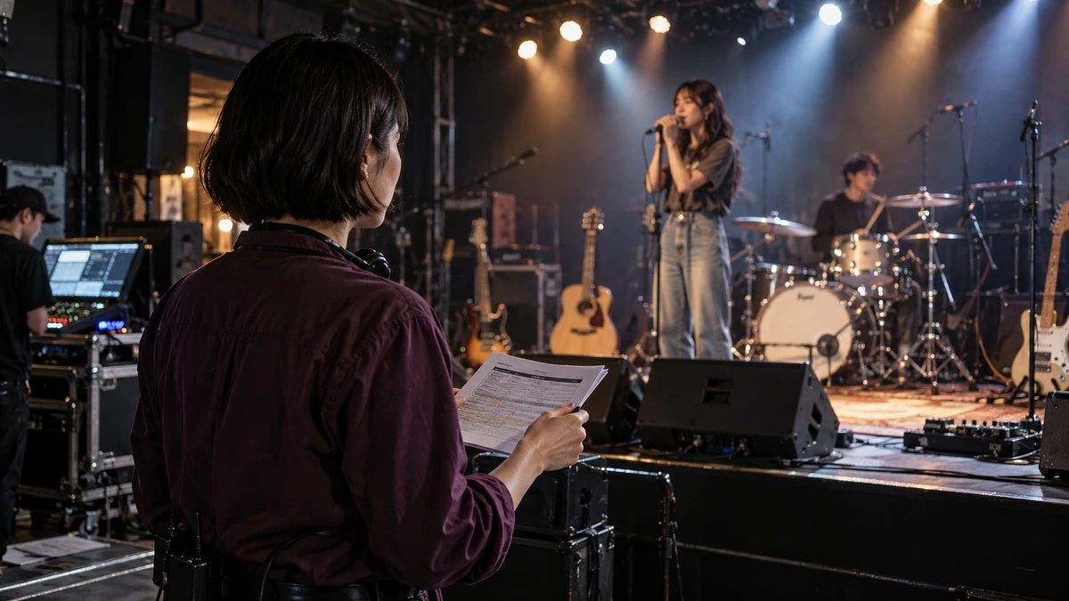 Une personne suit le déroulement d’une répétition musicale devant une scène.
