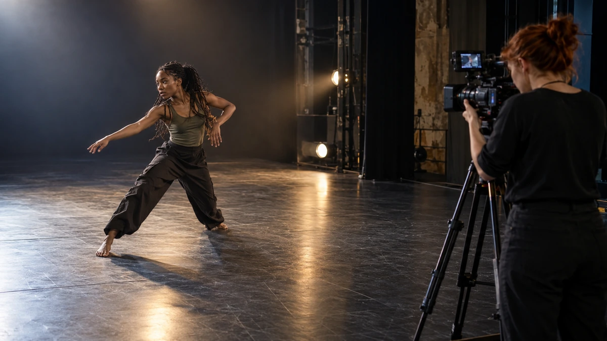 Une danseuse répète un mouvement devant une caméra dans une salle.