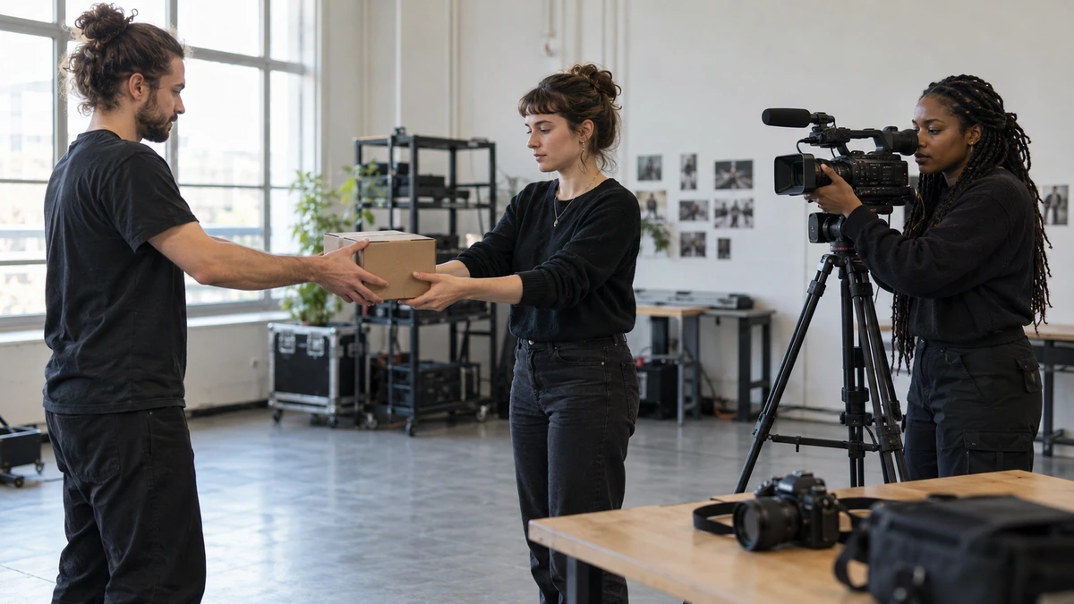 Une équipe filme une action répétée avec un échange d’objet dans une salle.