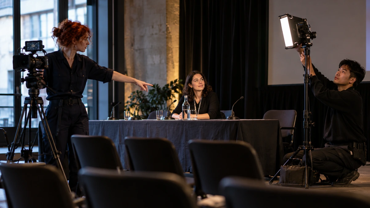 Une équipe ajuste un éclairage d’appoint au-dessus d’une table ronde.