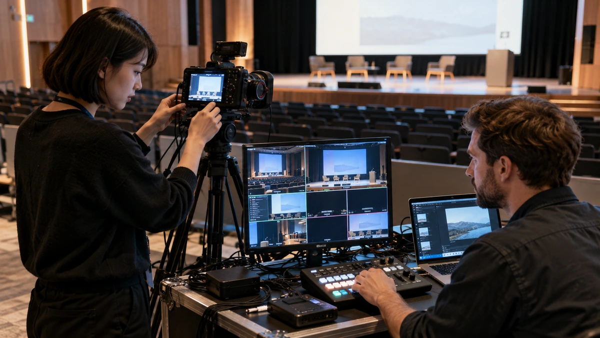 Deux stagiaires testent les sources de leur configuration de conférence.