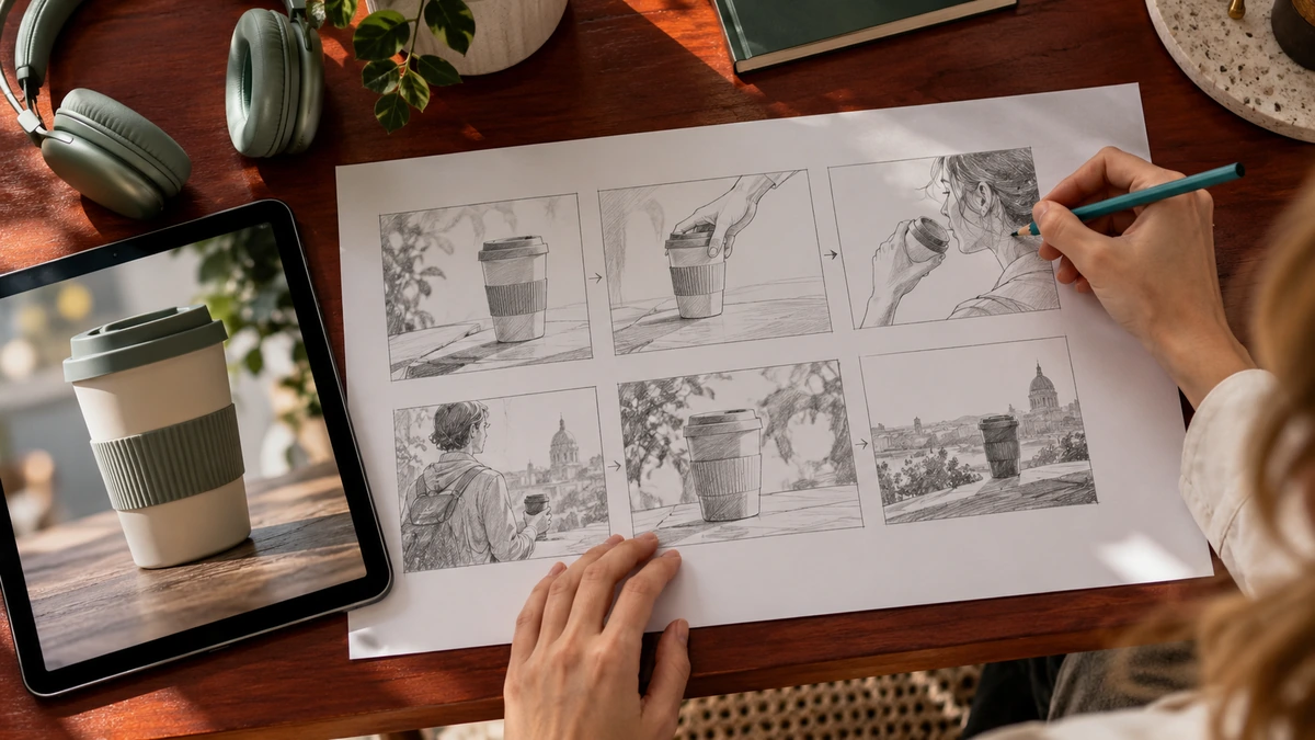 Des mains annotent une suite de cases de storyboard sur une table.