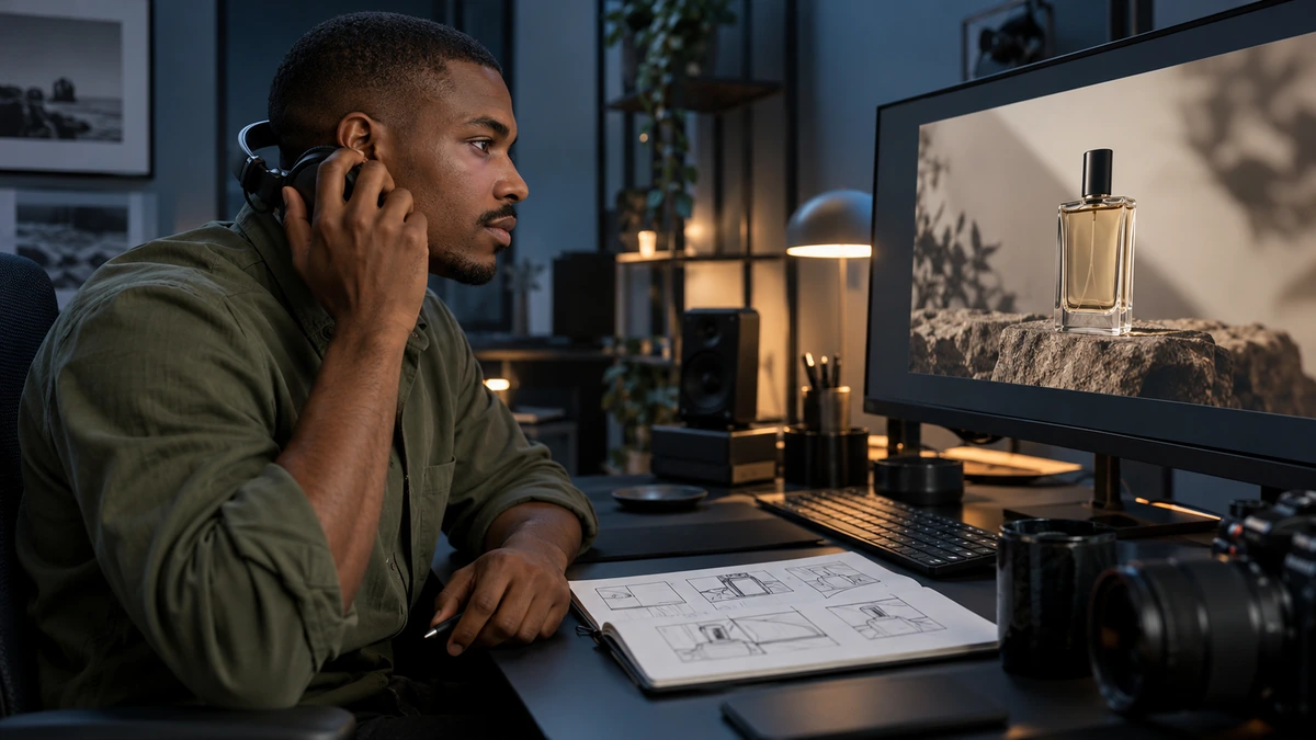 Une personne au casque observe un film de produit et prend des notes.
