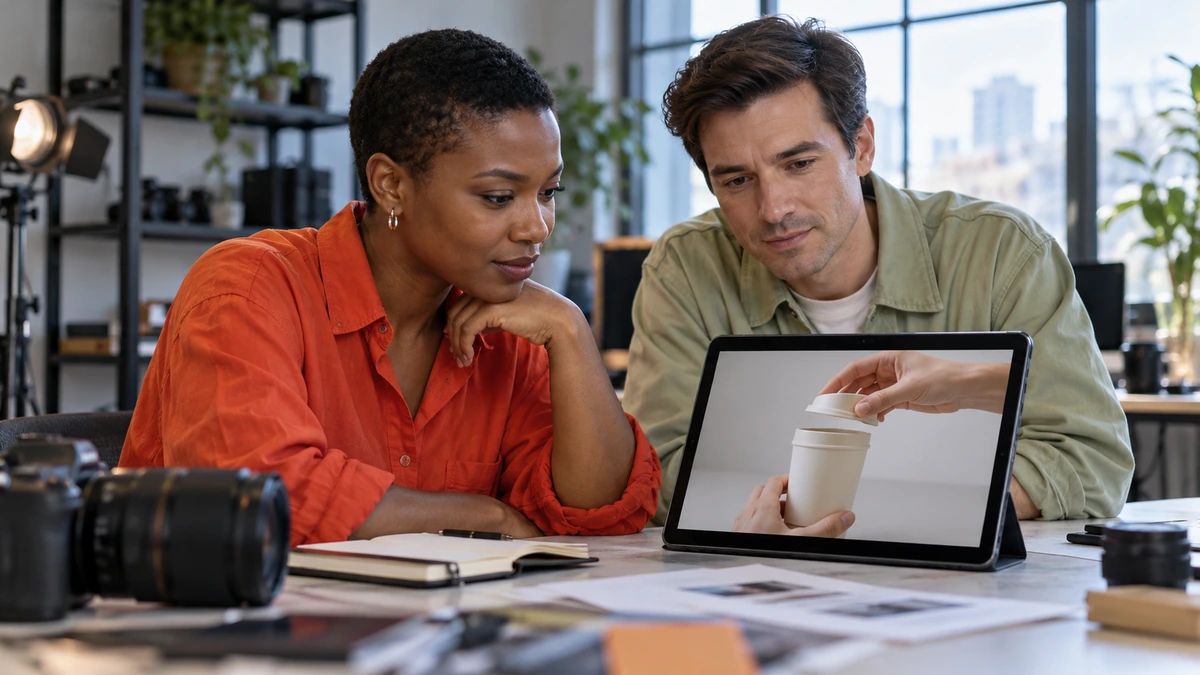 Deux personnes regardent une démonstration vidéo sur une tablette.