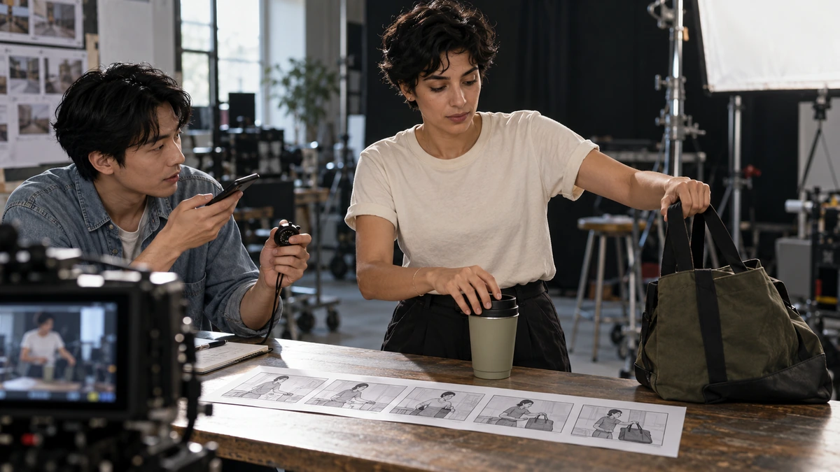 Deux personnes essaient un geste de produit devant une caméra avec un storyboard sur la table.