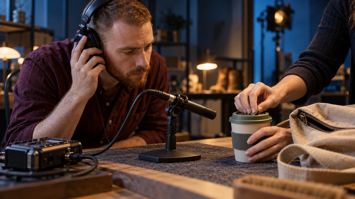 Une personne au casque écoute une manipulation de produit près d’un enregistreur.