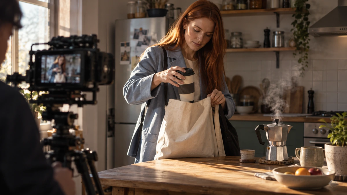 Une personne manipule une tasse et un sac pendant la préparation d’une scène.