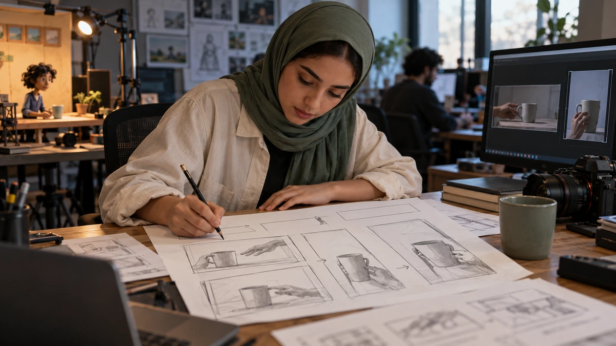 Une personne dessine des cases de storyboard à côté d’un ordinateur.