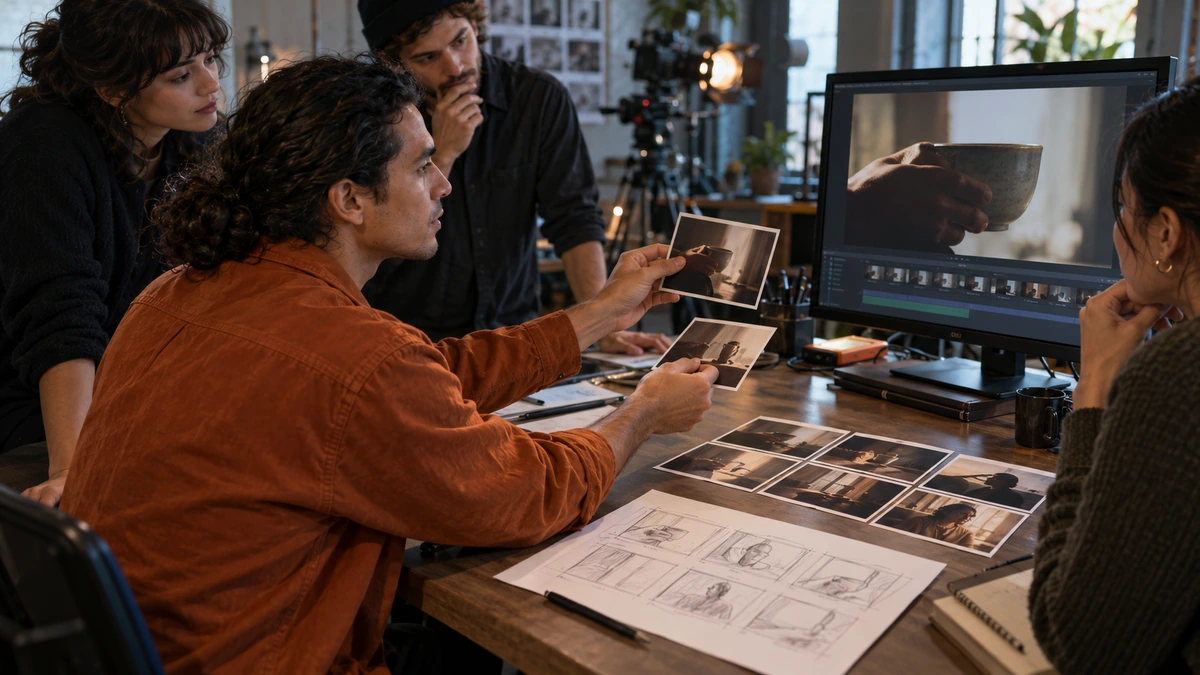 Un groupe examine des planches et une maquette sur un écran.