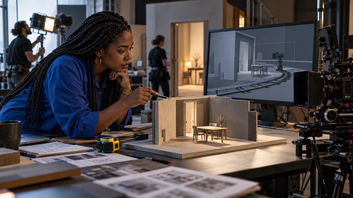 Une personne compare une maquette de décor et une prévisualisation sur écran.