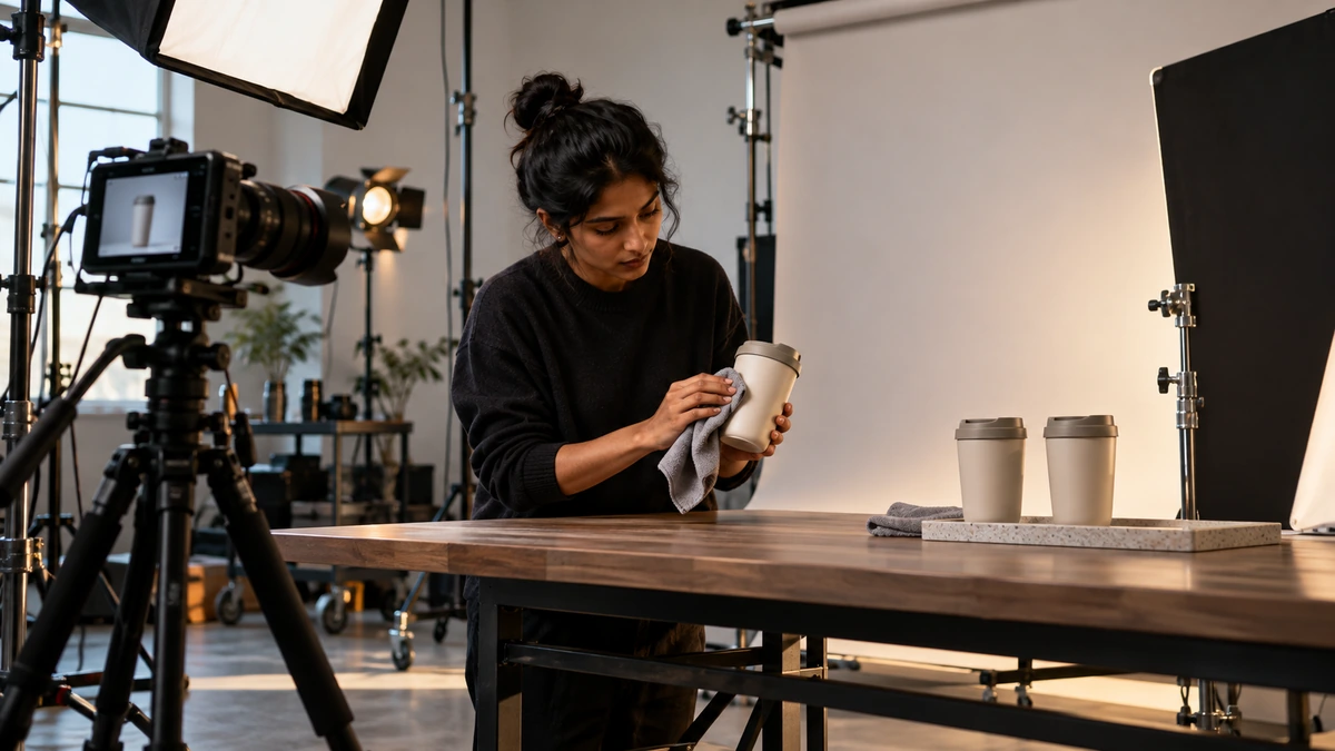 Une personne nettoie un produit sur une table de tournage éclairée.