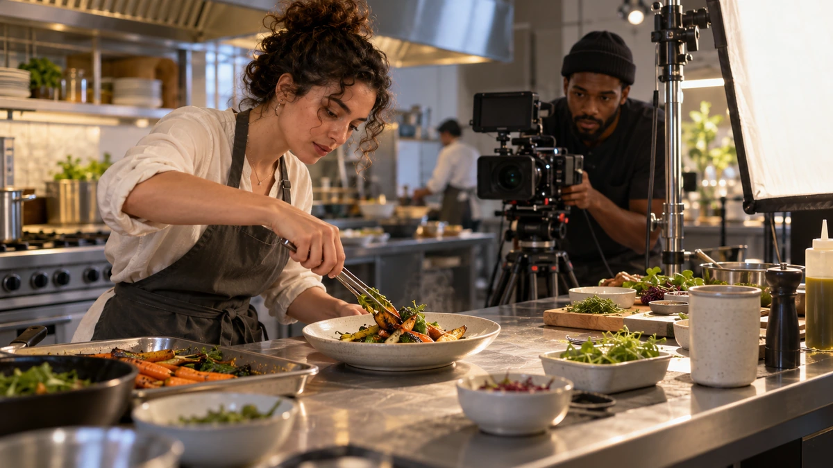 Une styliste culinaire prépare les assiettes et le moment de la prise de vue avec une équipe.