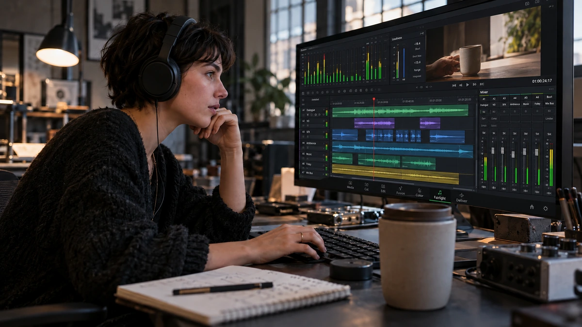 Un monteur au casque examine les pistes et la progression sonore d’un film.