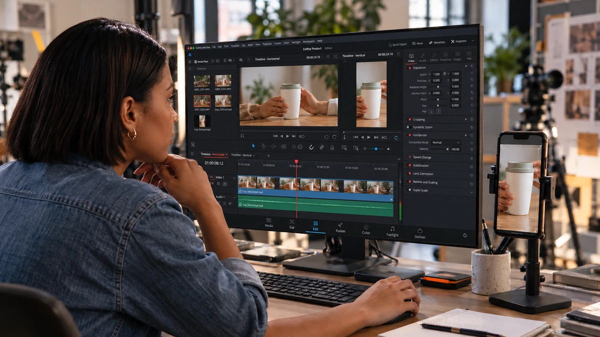 Une personne compare plusieurs compositions de produit dans un logiciel de montage.