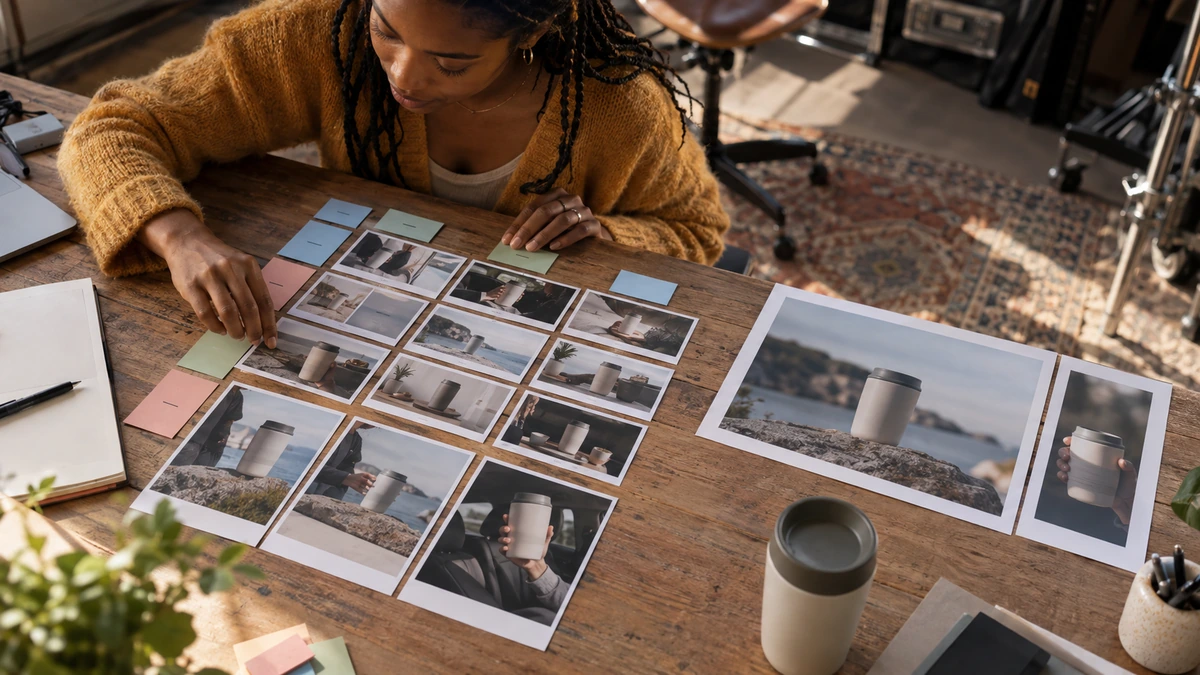 Une personne organise sur une table des planches de versions et des photographies de produit.