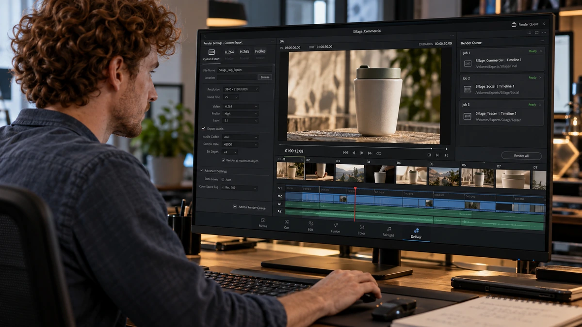 Un monteur prépare des tâches d’export vidéo sur son écran.