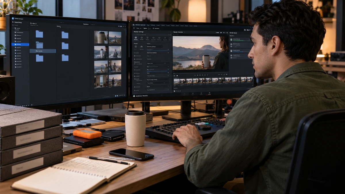 Un responsable de postproduction compare les fichiers d’un projet sur deux écrans.