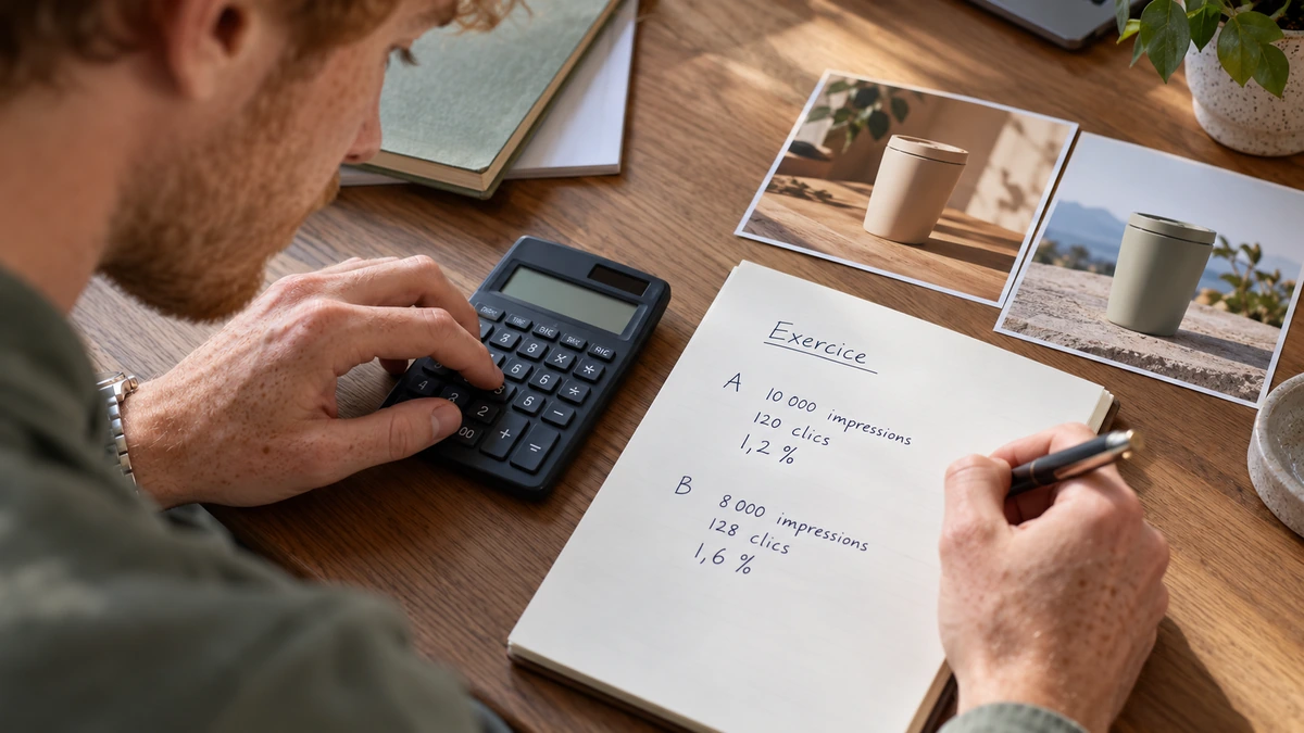 Une personne vérifie des calculs d’exercice à côté de photographies de produit.