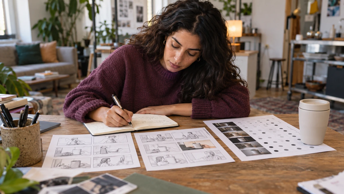 Une personne note ses observations sur un storyboard et des documents de production.