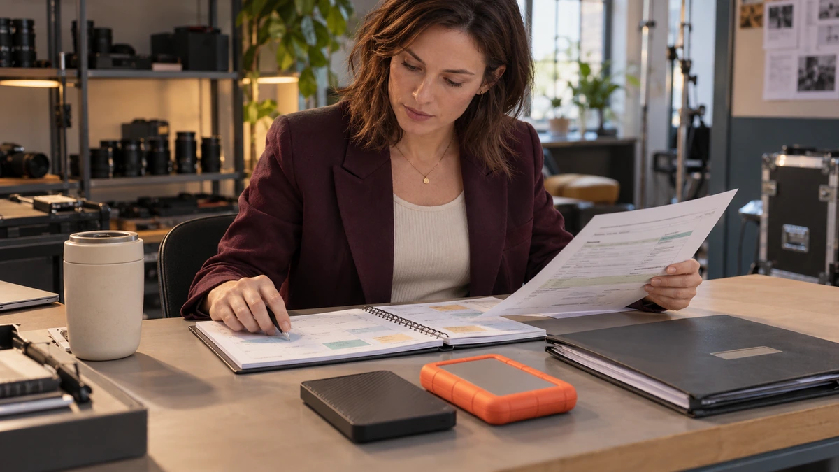 Une personne relit des documents de conservation à côté d’un disque externe.