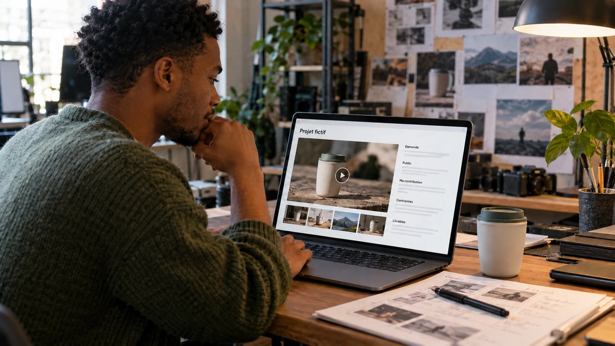 Un vidéaste construit une page présentant un projet fictif et sa contribution.